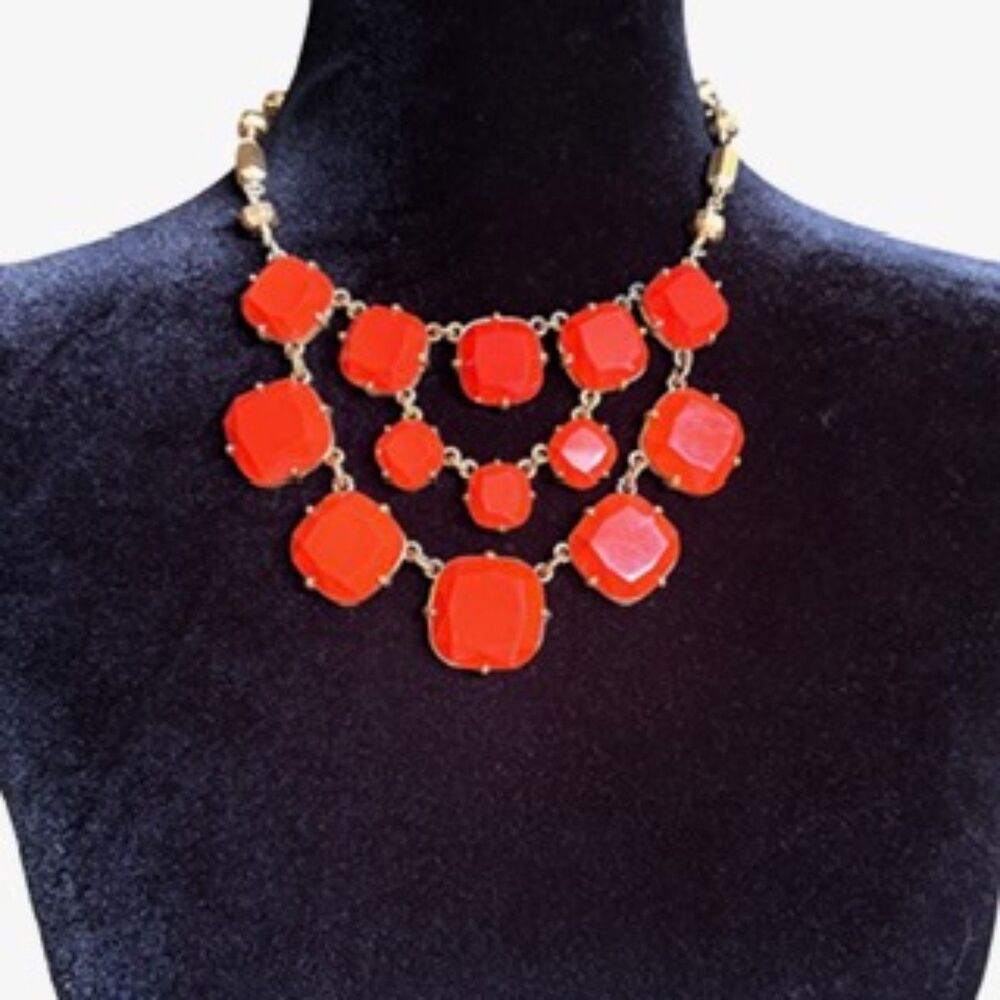 Stella & Dot Olivia Orange Bib Statement Necklace Faceted Crystals Gold Tone